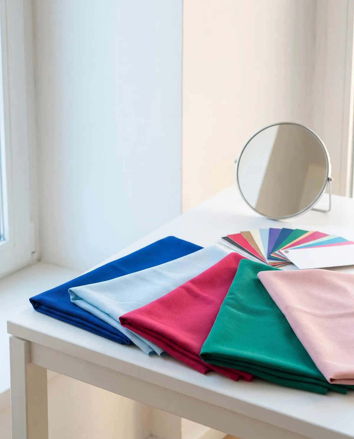 Drappi colorati, card dei colori e specchio per l'analisi armocromatica