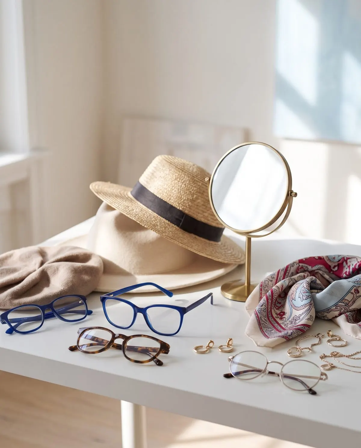 Cappelli, occhiali e orecchini per lo studio delle forme del viso